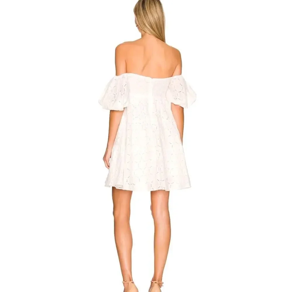 Bardot Womens 6 Babydoll Dress Sofia Eyelet Mini White Revolve Lace Off Shoulder - Picture 2 of 12